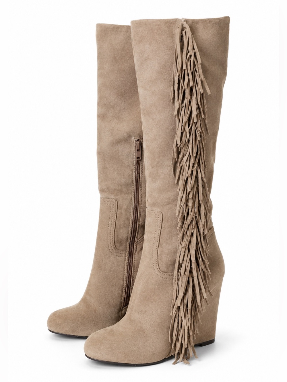 Knee-High Fringe Wedge Boots - Taupe
